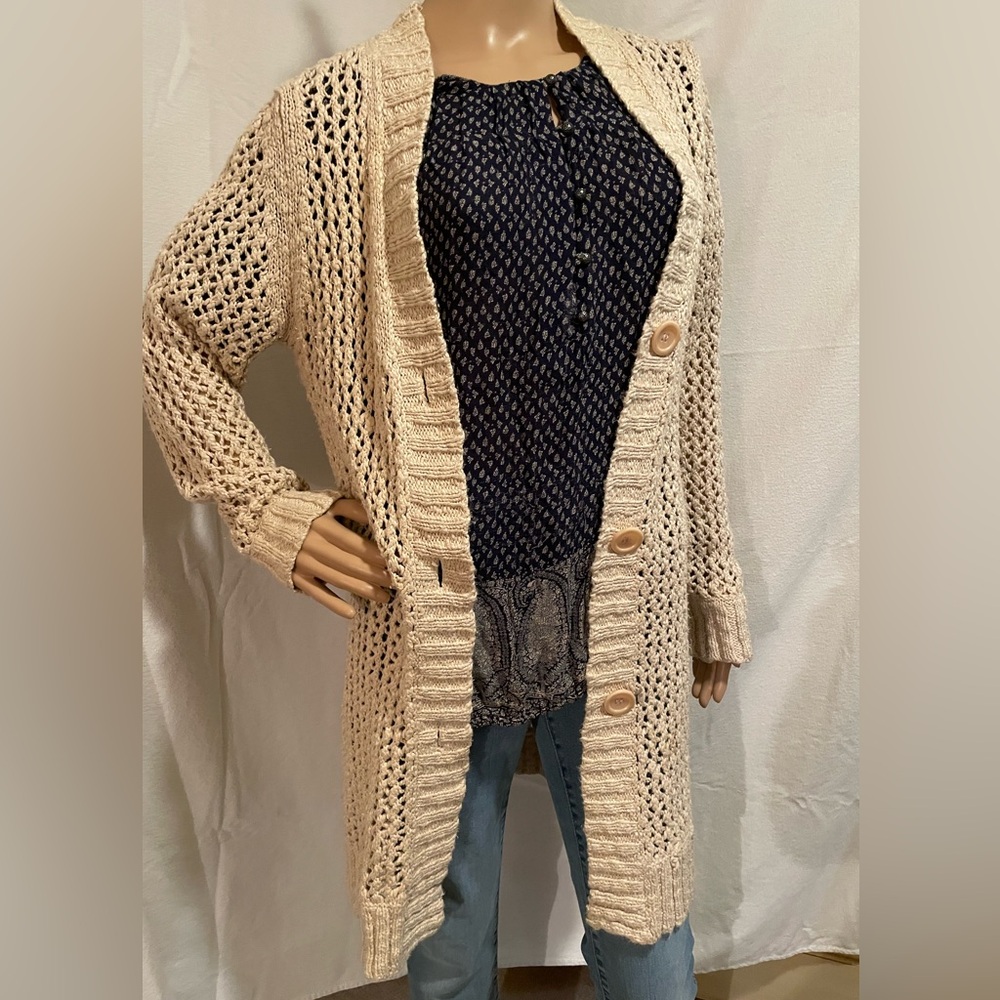 Elegant Beige Open-Front Large Weave Cardigan Size S